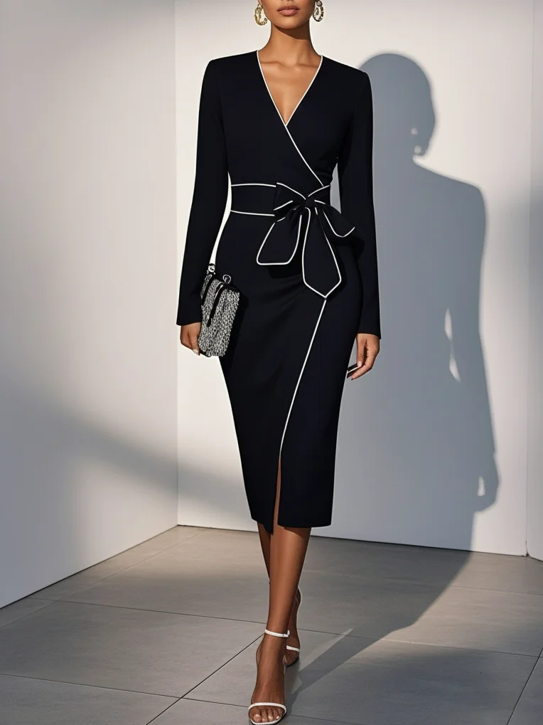 Black Piping Bow Classic V Neck Long Sleeve Sheath Midi Dress