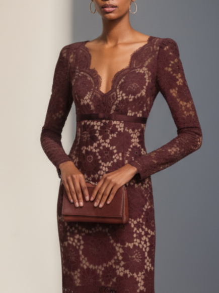 Burgundy Lace V Neck Long Sleeve Sheath Maxi Dress