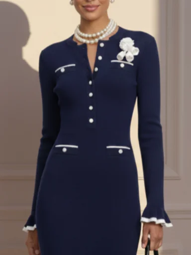 Navy Blue Wool-Blend 3D Floral Buckle Classic Crew Neck Long Sleeve Sheath Midi Dress