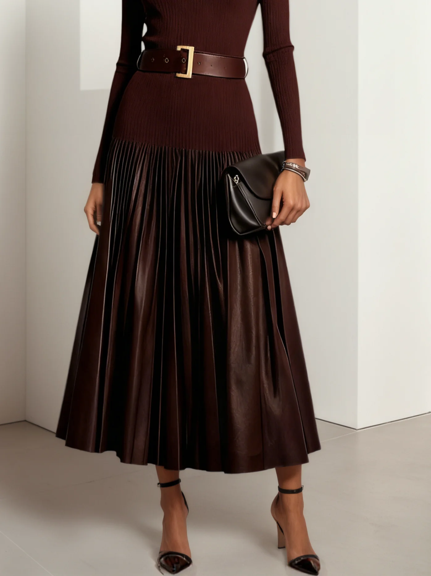Burgundy Faux Leather Pleated Split Joint Knit Crew Neck Long Sleeve A-Line Maxi Dress