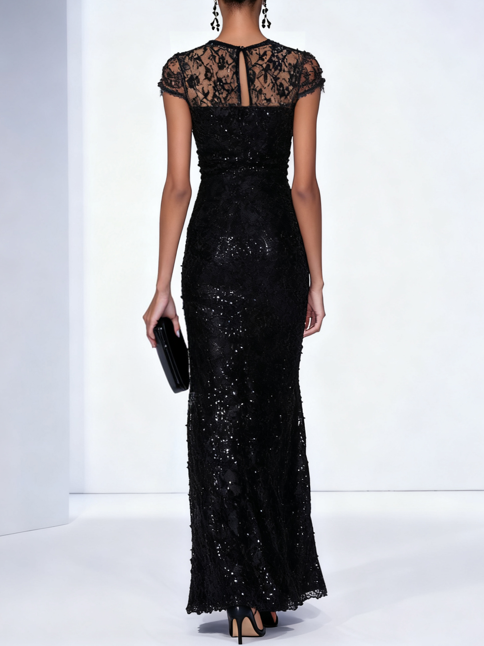 Black 3D Floral Lace Sequin Crew Neck Short Sleeve Sheath Maxi Dress