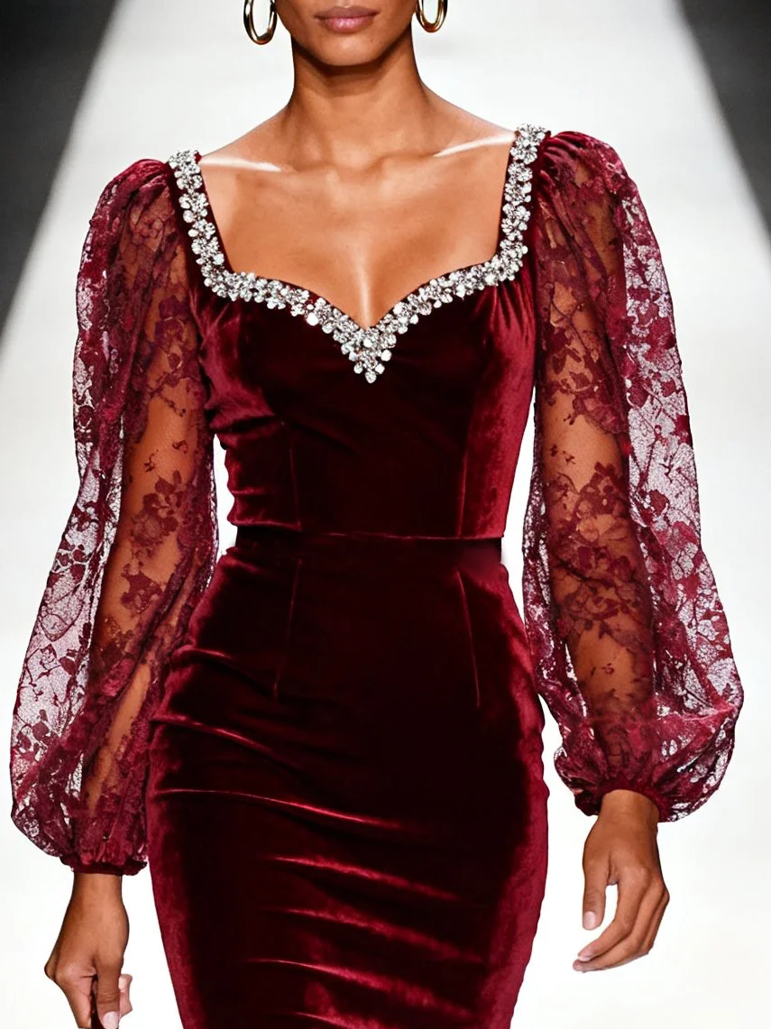 Wine Red Lace Rhinestone Velvet Sweetheart Neckline Long Sleeve Balloon Sleeve Sheath Midi Dress