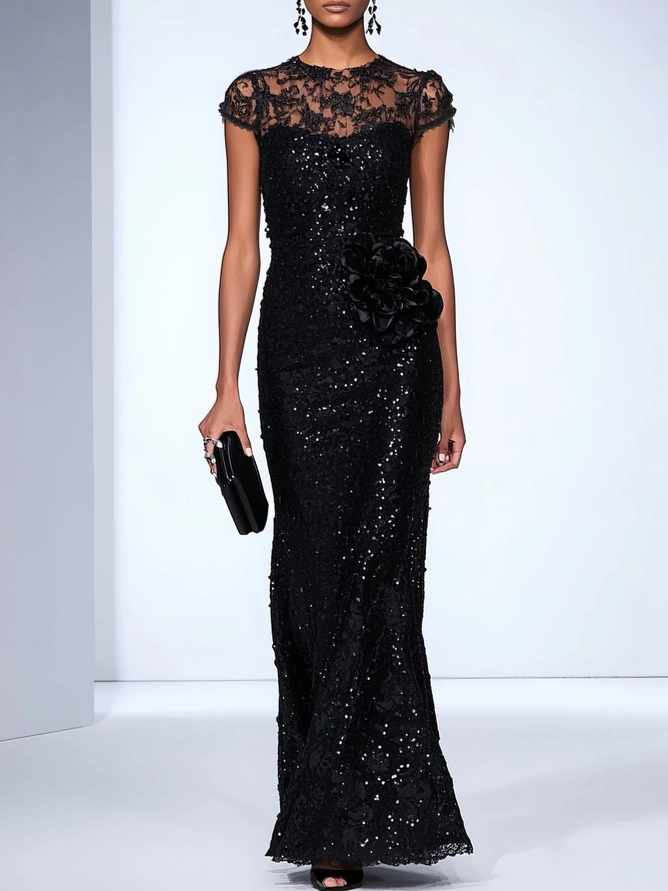 Black 3D Floral Lace Sequin Crew Neck Short Sleeve Sheath Maxi Dress