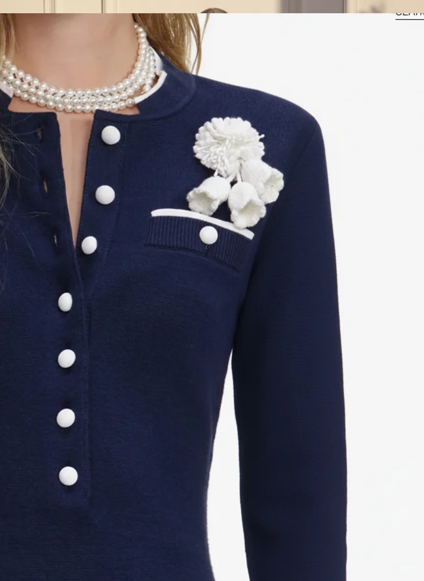 Navy Blue Wool-Blend 3D Floral Buckle Classic Crew Neck Long Sleeve Sheath Midi Dress