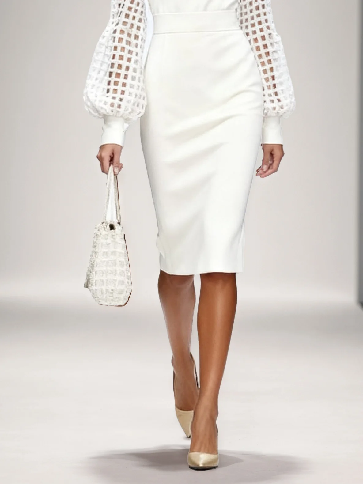 White Lace Classic Boat Neck Long Sleeve Balloon Sleeve Sheath Midi Dress