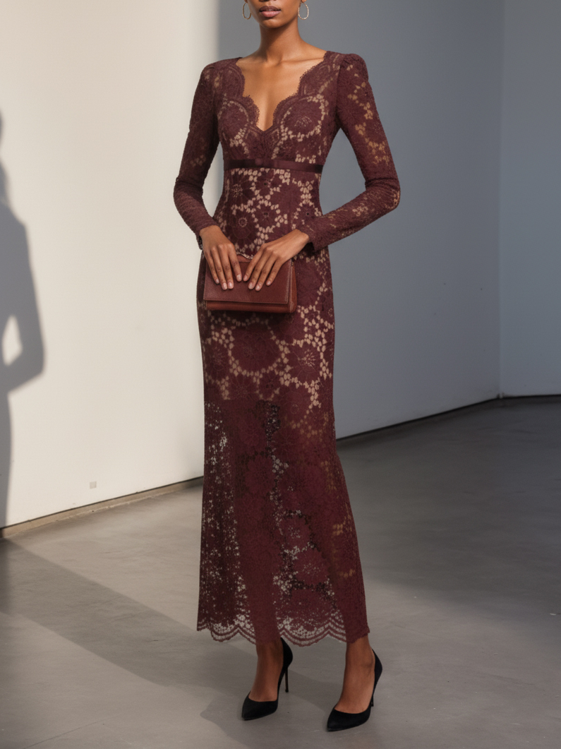 Burgundy Lace V Neck Long Sleeve Sheath Maxi Dress