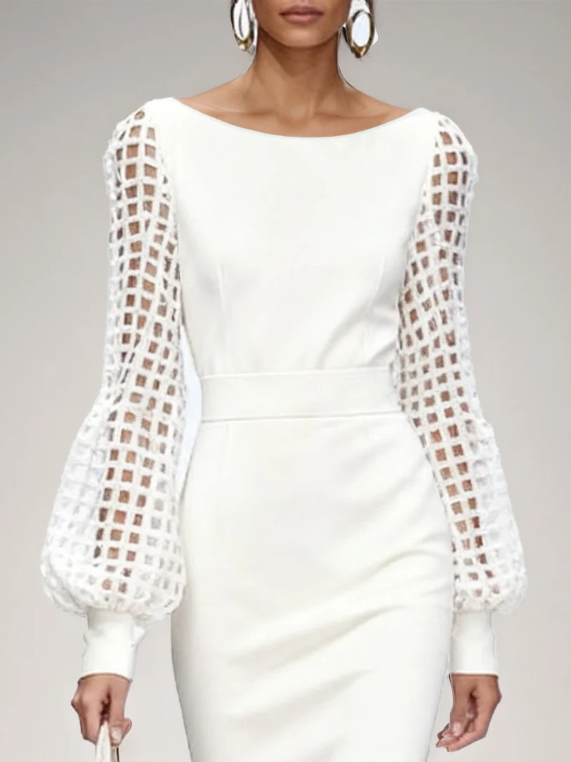 White Lace Classic Boat Neck Long Sleeve Balloon Sleeve Sheath Midi Dress