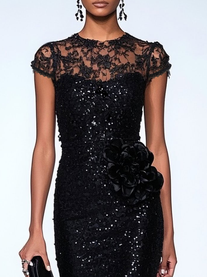 Black 3D Floral Lace Sequin Crew Neck Short Sleeve Sheath Maxi Dress