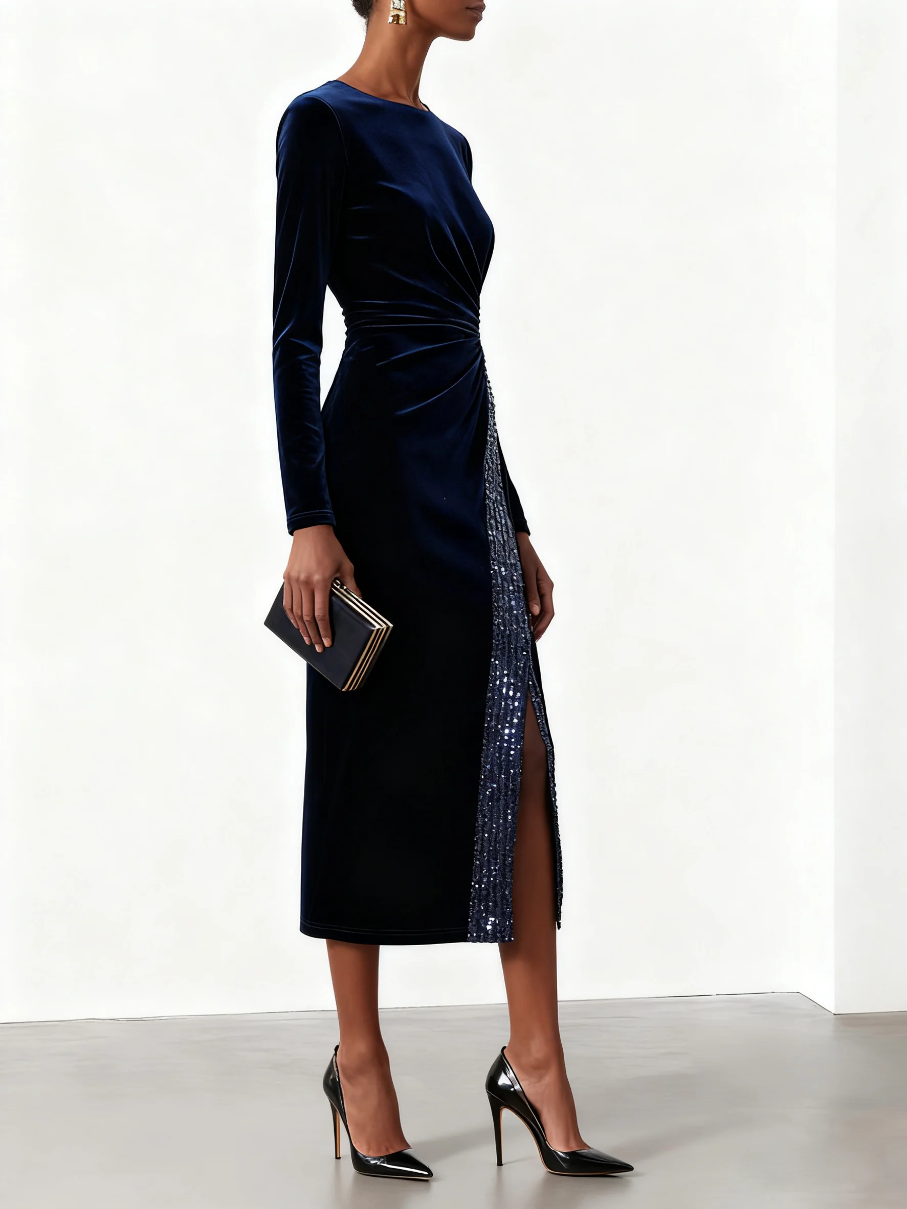 Navy Blue Glitter Sequin Velvet Crew Neck Long Sleeve Sheath Midi Dress