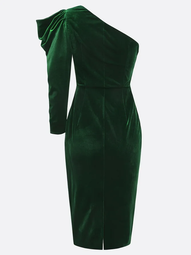 Green One Shoulder Three Quarter Sleeve Sheath Midi Velvet Dress