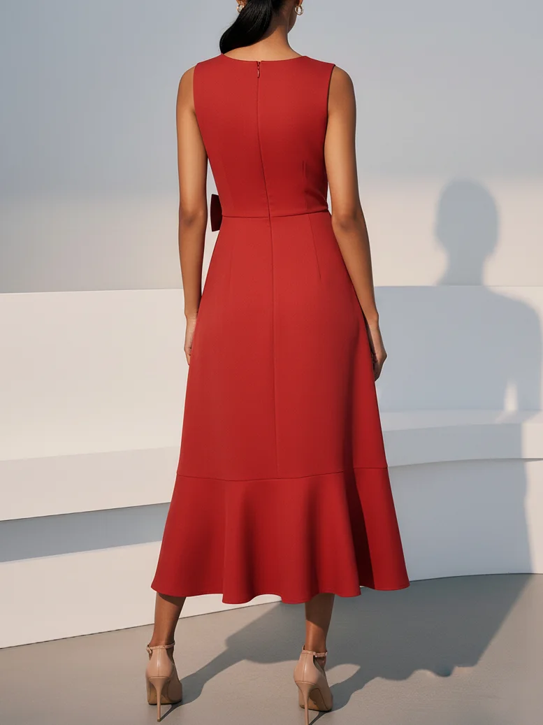 Red Asymmetric Ruffled Classic Boat Neck Sleeveless A-Line Midi Dress