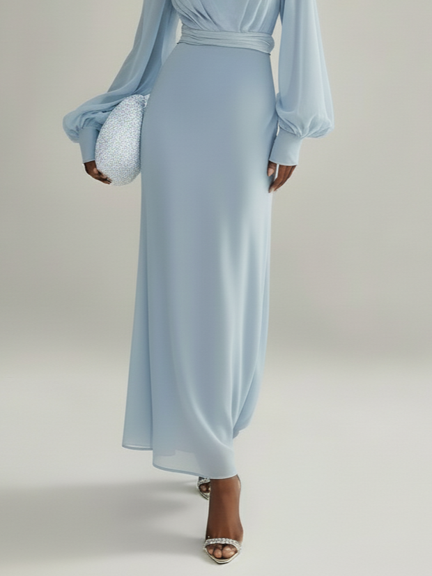 Light Blue Chiffon Mock Neck Long Sleeve Balloon Sleeve A-Line Maxi Dress