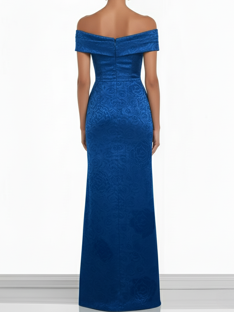 Blue Jacquard Floral Satin Off The Shoulder Sleeveless Sheath Maxi Dress