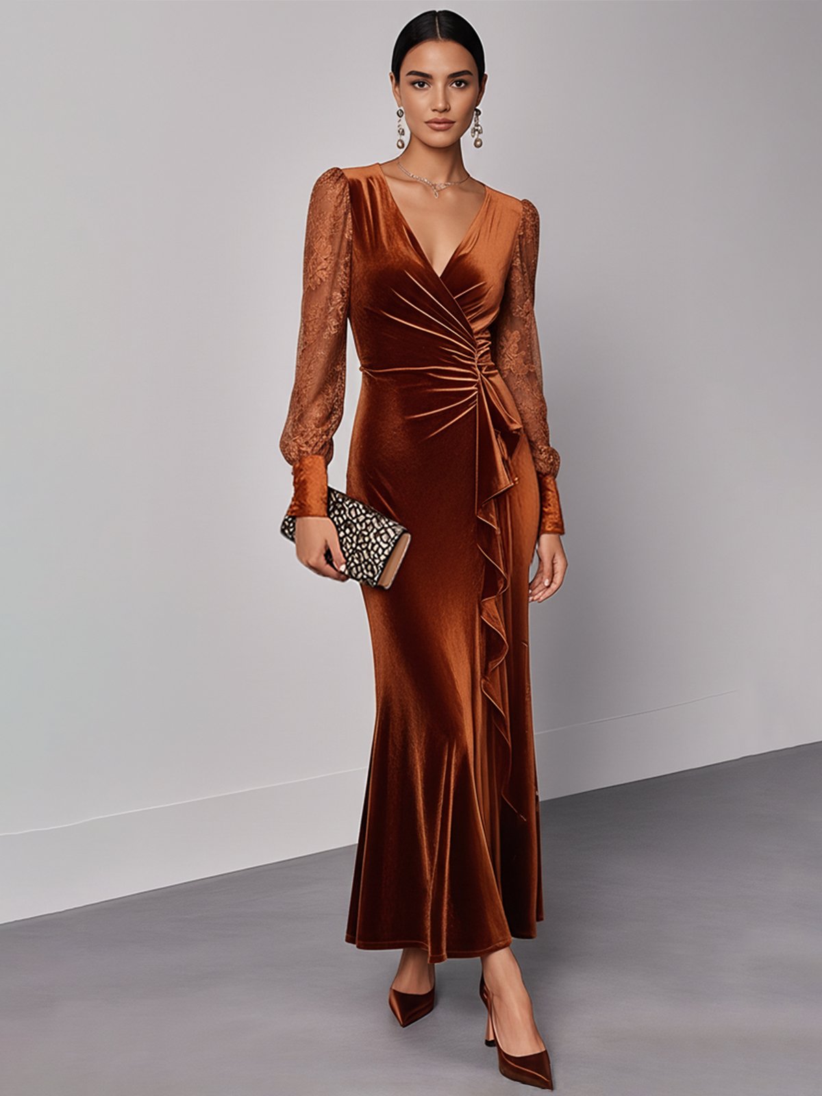 Caramel Lace Ruffled Velvet V Neck Long Sleeve Balloon Sleeve Sheath Maxi Dress