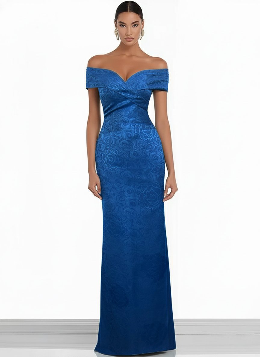 Blue Jacquard Floral Satin Off The Shoulder Sleeveless Sheath Maxi Dress