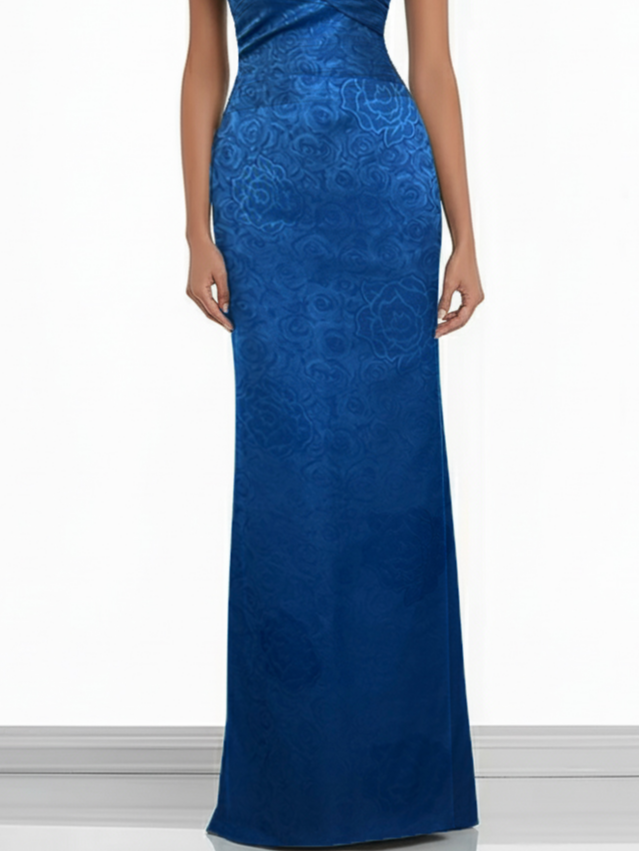 Blue Jacquard Floral Satin Off The Shoulder Sleeveless Sheath Maxi Dress
