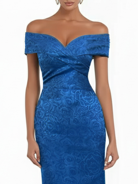 Blue Jacquard Floral Satin Off The Shoulder Sleeveless Sheath Maxi Dress