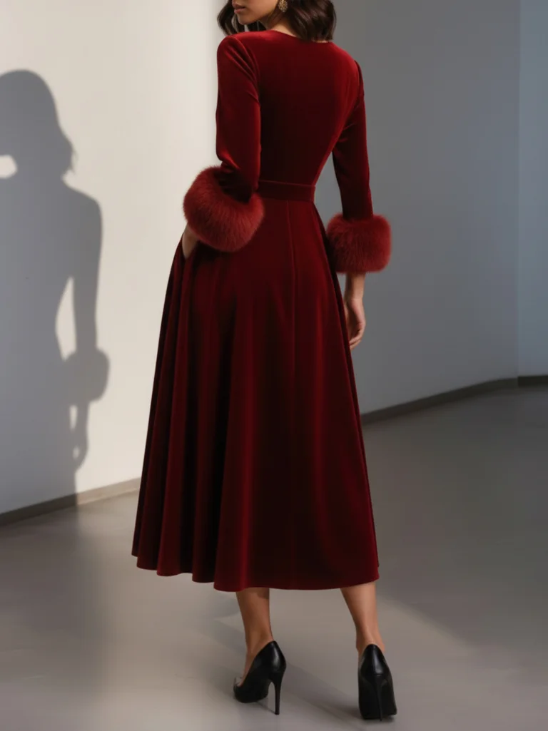 Burgundy Faux Fur Velvet V Neck Half Sleeve A-Line Midi Dress