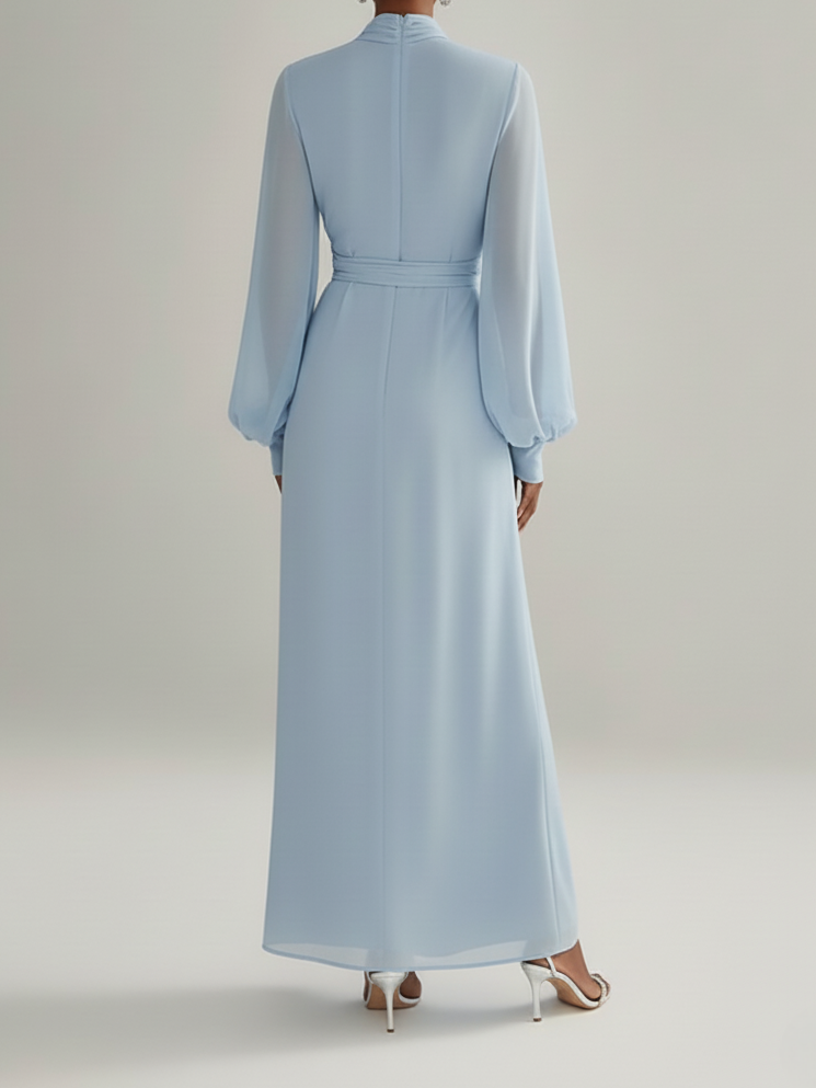 Light Blue Chiffon Mock Neck Long Sleeve Balloon Sleeve A-Line Maxi Dress