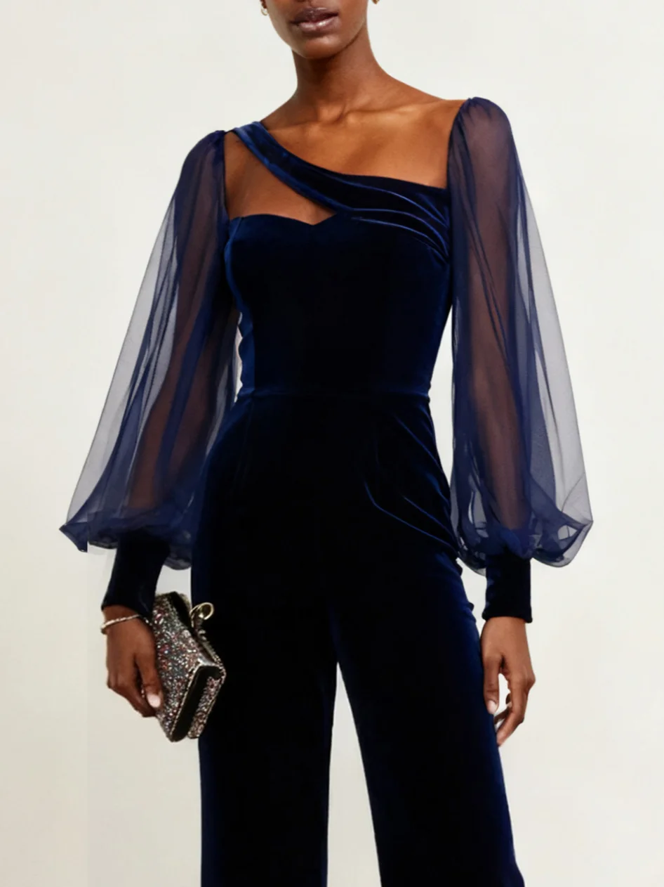Women Navy Blue Velvet Split Joint Mesh Asymmetrical Long Sleeve Balloon Sleeve Dressy Jumpsuit
