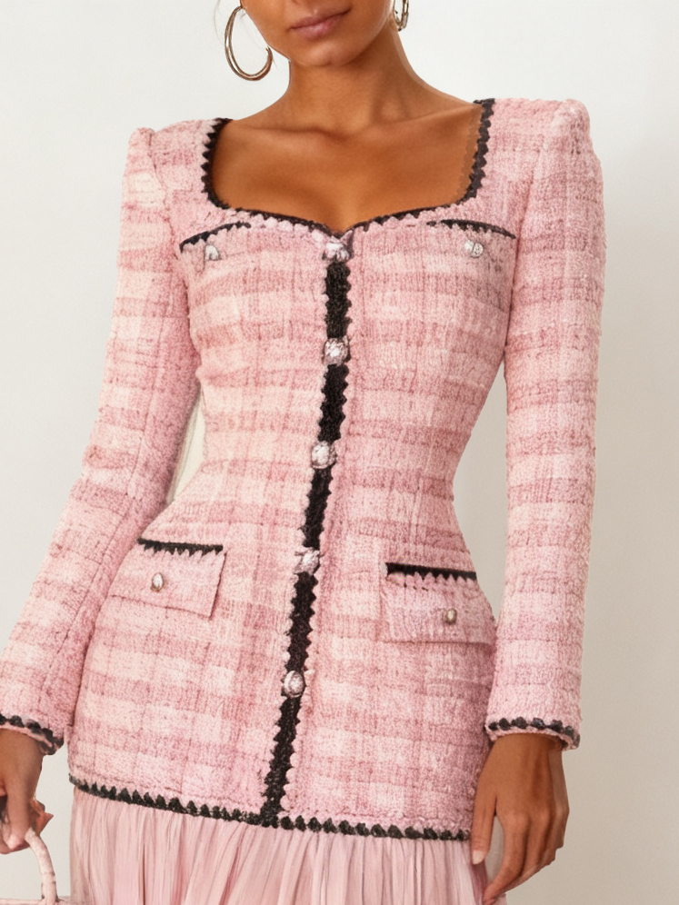 Pink Plaid Piping Tweed Sweetheart Neckline Long Sleeve A-Line Midi Dress