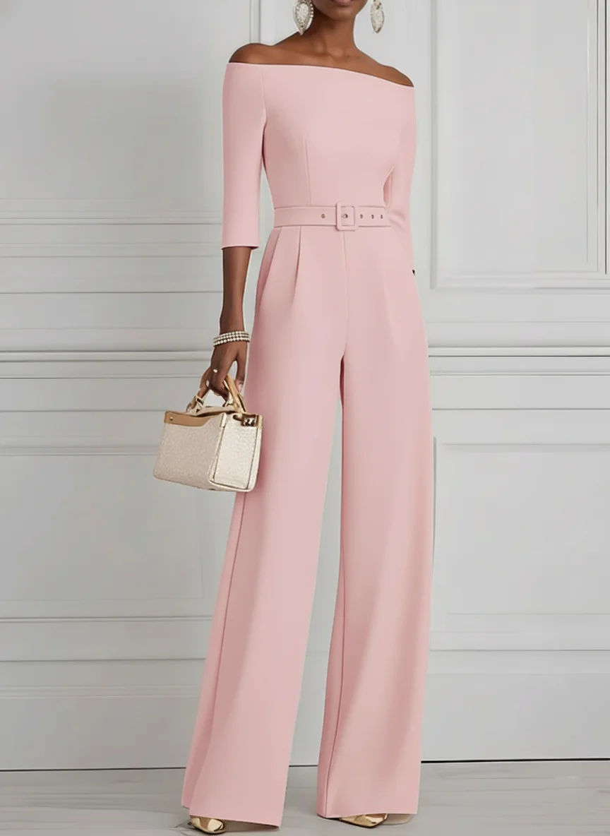 Women White Off The Shoulder Half Sleeve Dressy Jumpsuit With Pockets