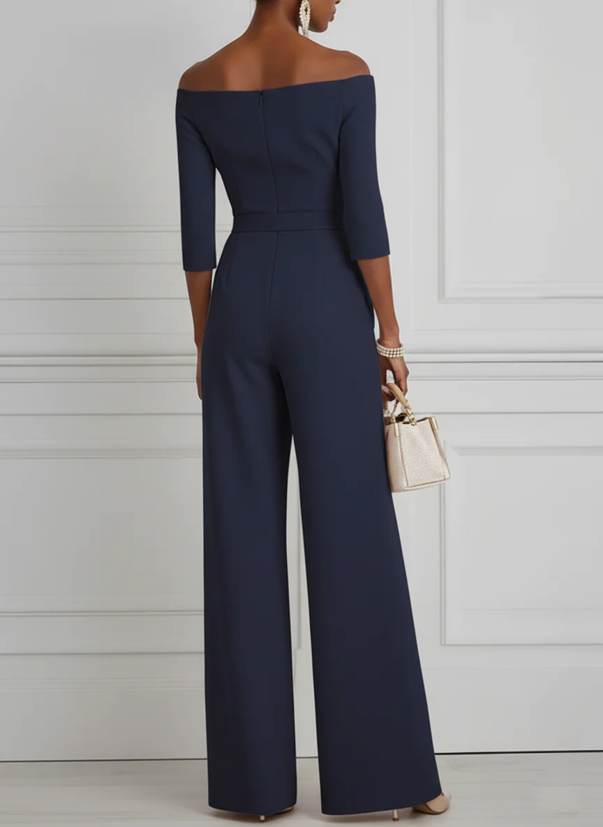 Women Purplish blue Off The Shoulder Half Sleeve Dressy Jumpsuit With Pockets