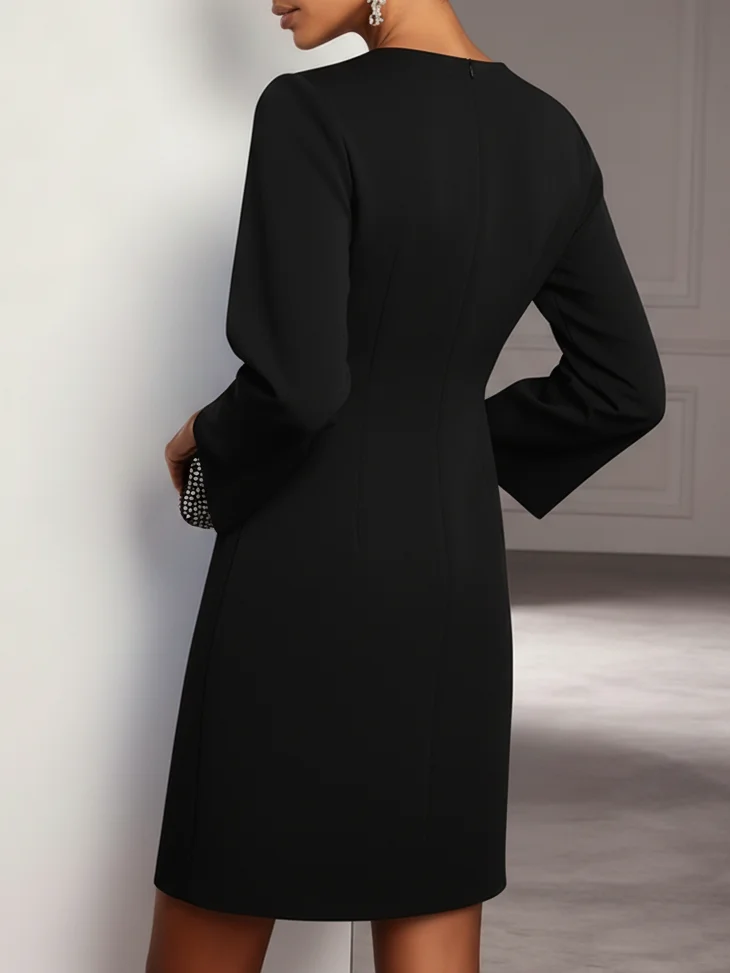 Black 3D Floral Glitter Classic Crew Neck Long Sleeve Bell Sleeve A-Line Mini Dress