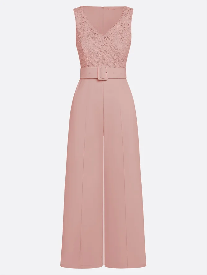 Women Pink Lace V Neck Sleeveless Dressy Jumpsuit With Pockets