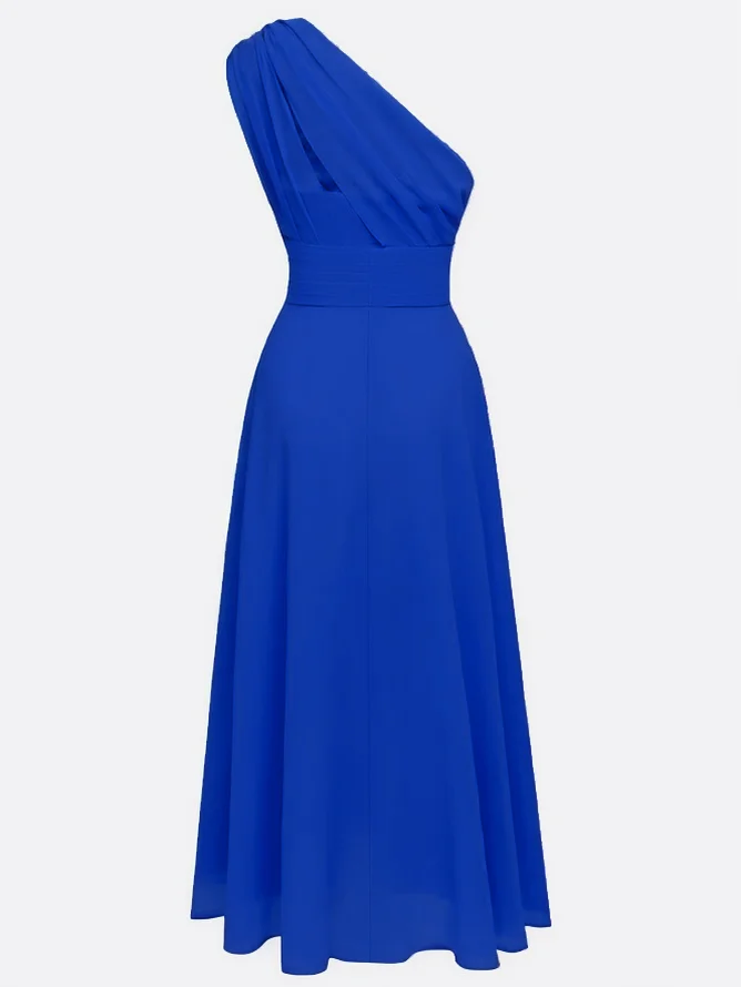 Royal Blue Ruched Chiffon One Shoulder Sleeveless A-Line Maxi Dress