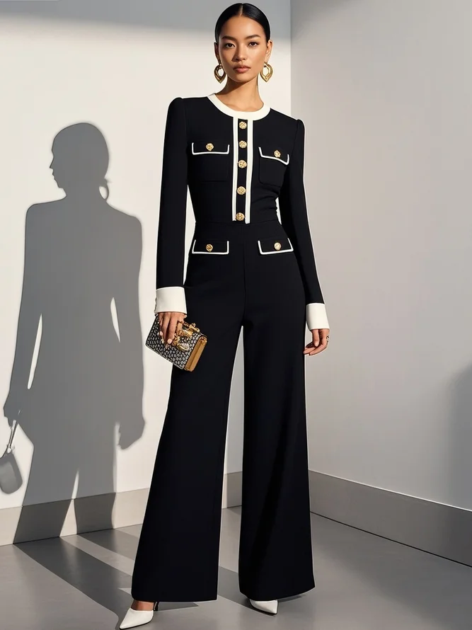 Women Black Buckle Piping Crew Neck Long Sleeve Dressy Jumpsuit