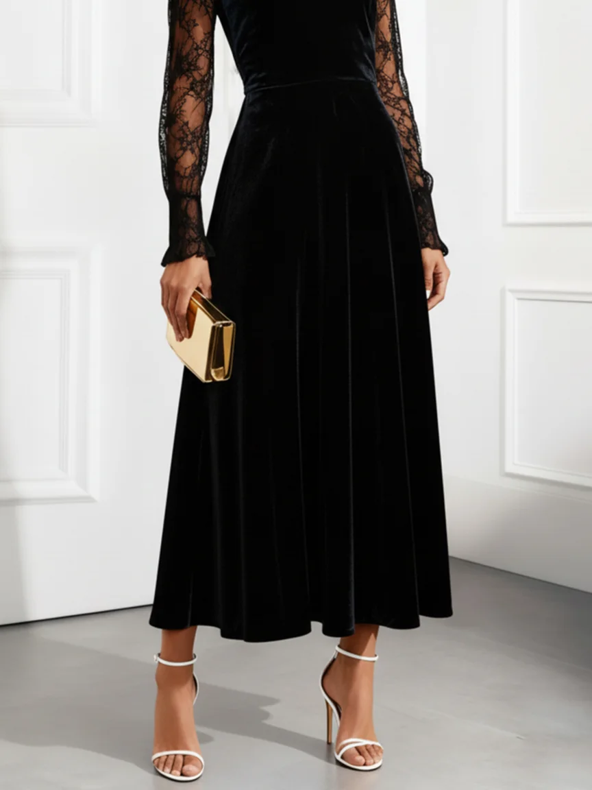 Black Lace Split Joint Velvet Crew Neck Long Sleeve A-Line Maxi Dress