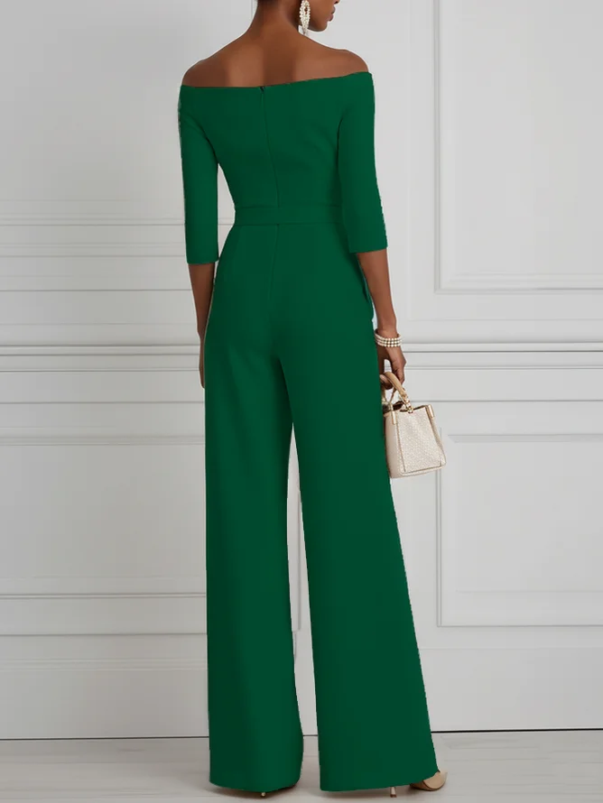 Women White Off The Shoulder Half Sleeve Dressy Jumpsuit With Pockets