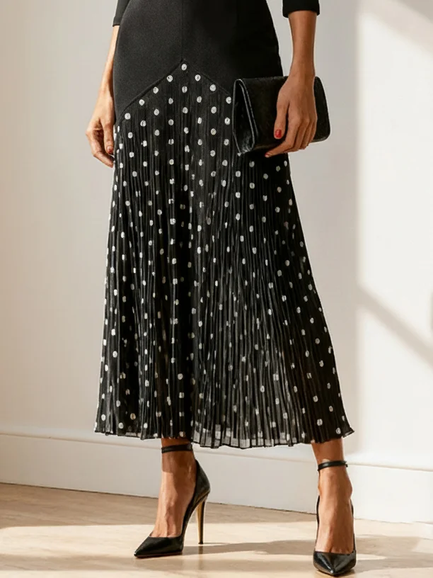 Black Pleated Polka Dots Classic Boat Neck Three Quarter Sleeve A-Line Midi Dress