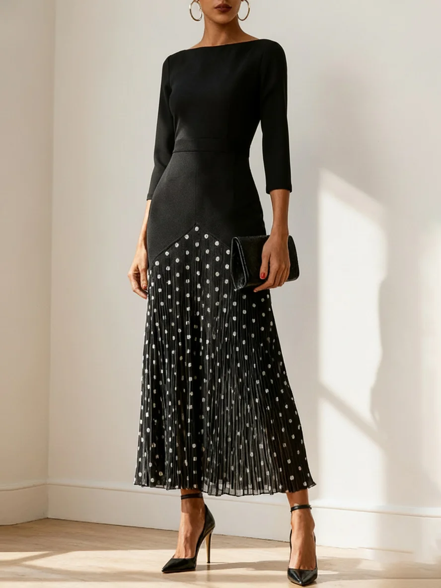 Black Pleated Polka Dots Classic Boat Neck Three Quarter Sleeve A-Line Midi Dress