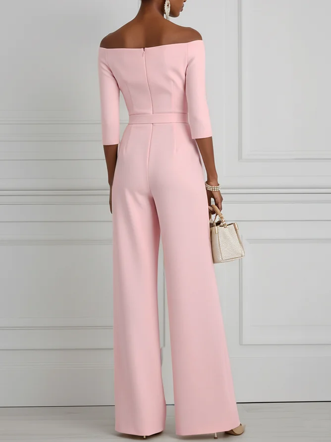 Women White Off The Shoulder Half Sleeve Dressy Jumpsuit With Pockets