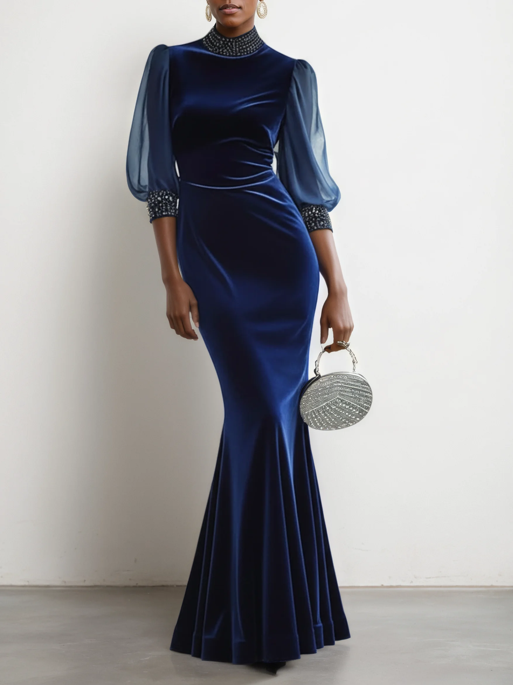 Royal Blue Rhinestone Velvet Stand Collar Half Sleeve Balloon Sleeve Mermaid Maxi Dress