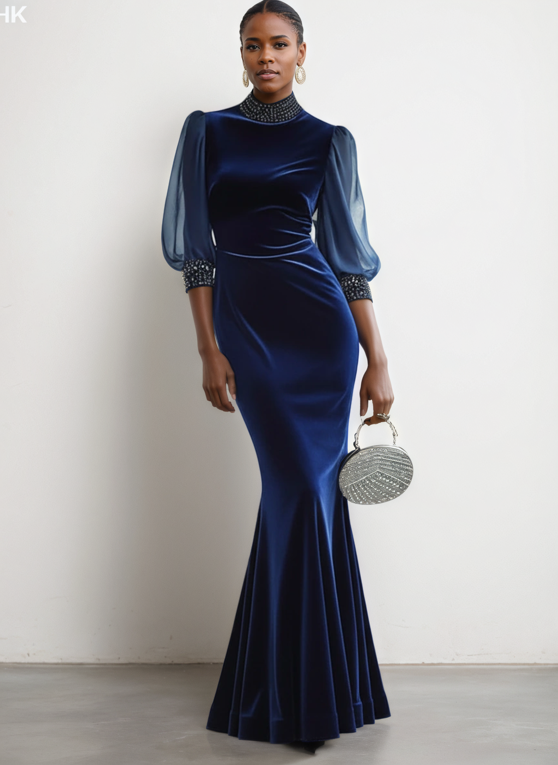 Royal Blue Rhinestone Velvet Stand Collar Half Sleeve Balloon Sleeve Mermaid Maxi Dress