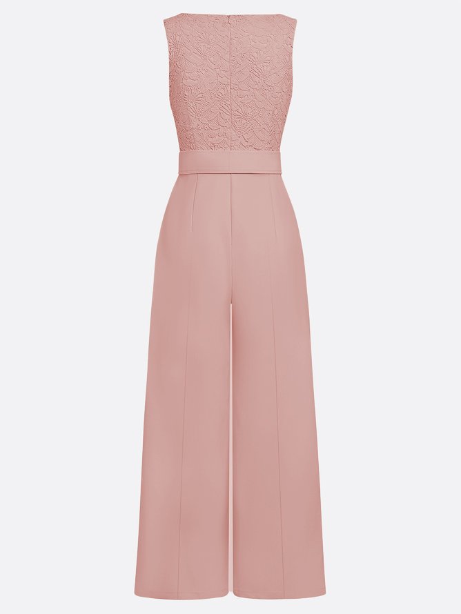 Women Pink Lace V Neck Sleeveless Dressy Jumpsuit With Pockets