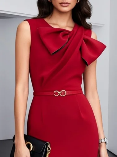 Red Bow Classic Crew Neck Sleeveless Sheath Midi Dress