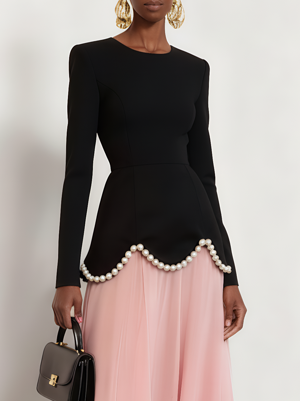 Pink Imitation Pearls Split Joint Peplum Crew Neck Long Sleeve A-Line Gown Dress