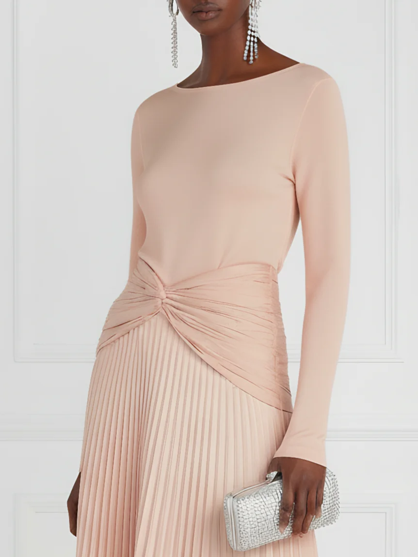 Light Pink Pleated Knot Knit Crew Neck Long Sleeve A-Line Midi Dress