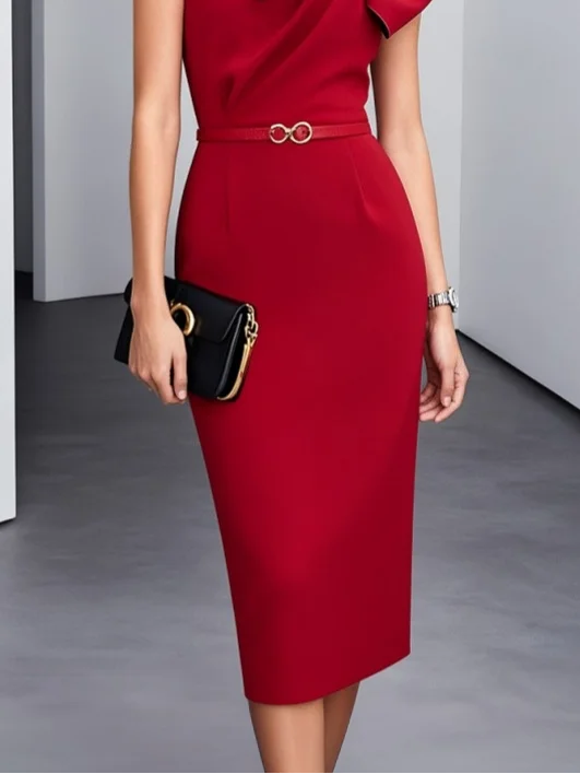 Red Bow Classic Crew Neck Sleeveless Sheath Midi Dress