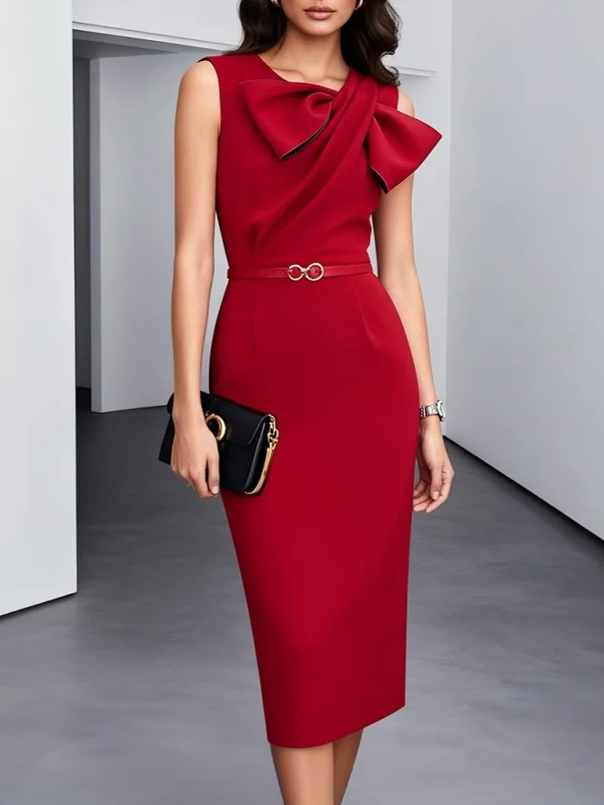 Red Bow Classic Crew Neck Sleeveless Sheath Midi Dress