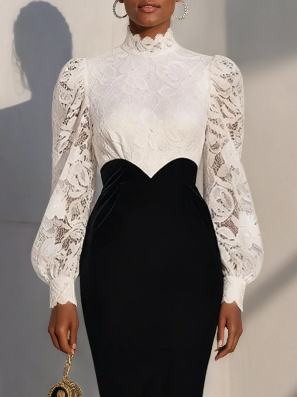 Black-white Lace Split Joint Velvet Mock Neck Long Sleeve Balloon Sleeve Sheath Midi Dress