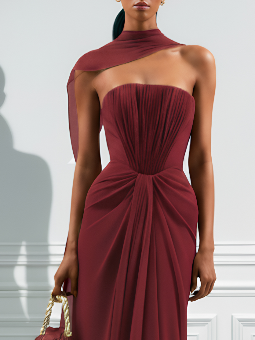 Burgundy Pleated Classic Strapless Sleeveless Sheath Gown Dress