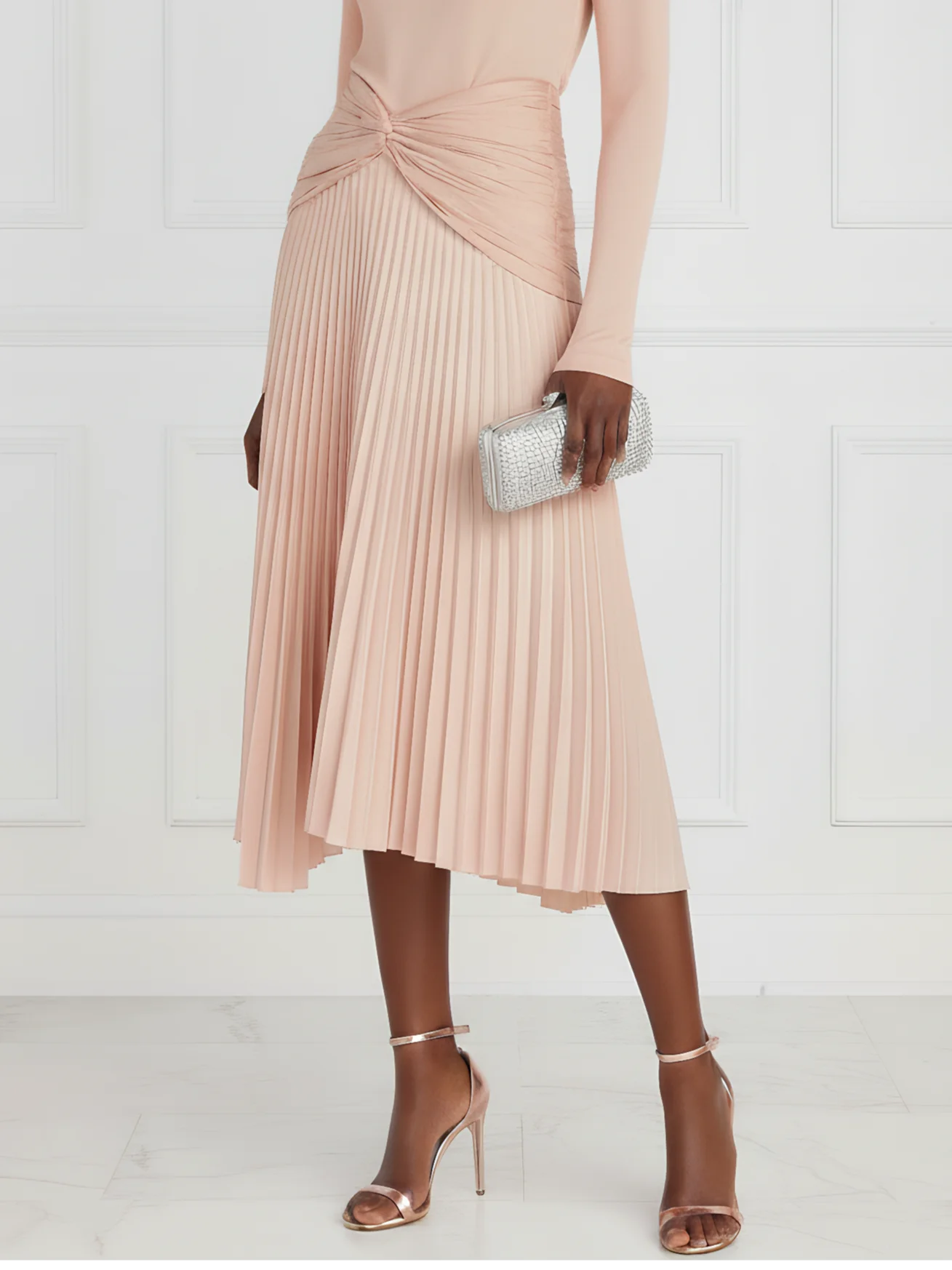 Light Pink Pleated Knot Knit Crew Neck Long Sleeve A-Line Midi Dress