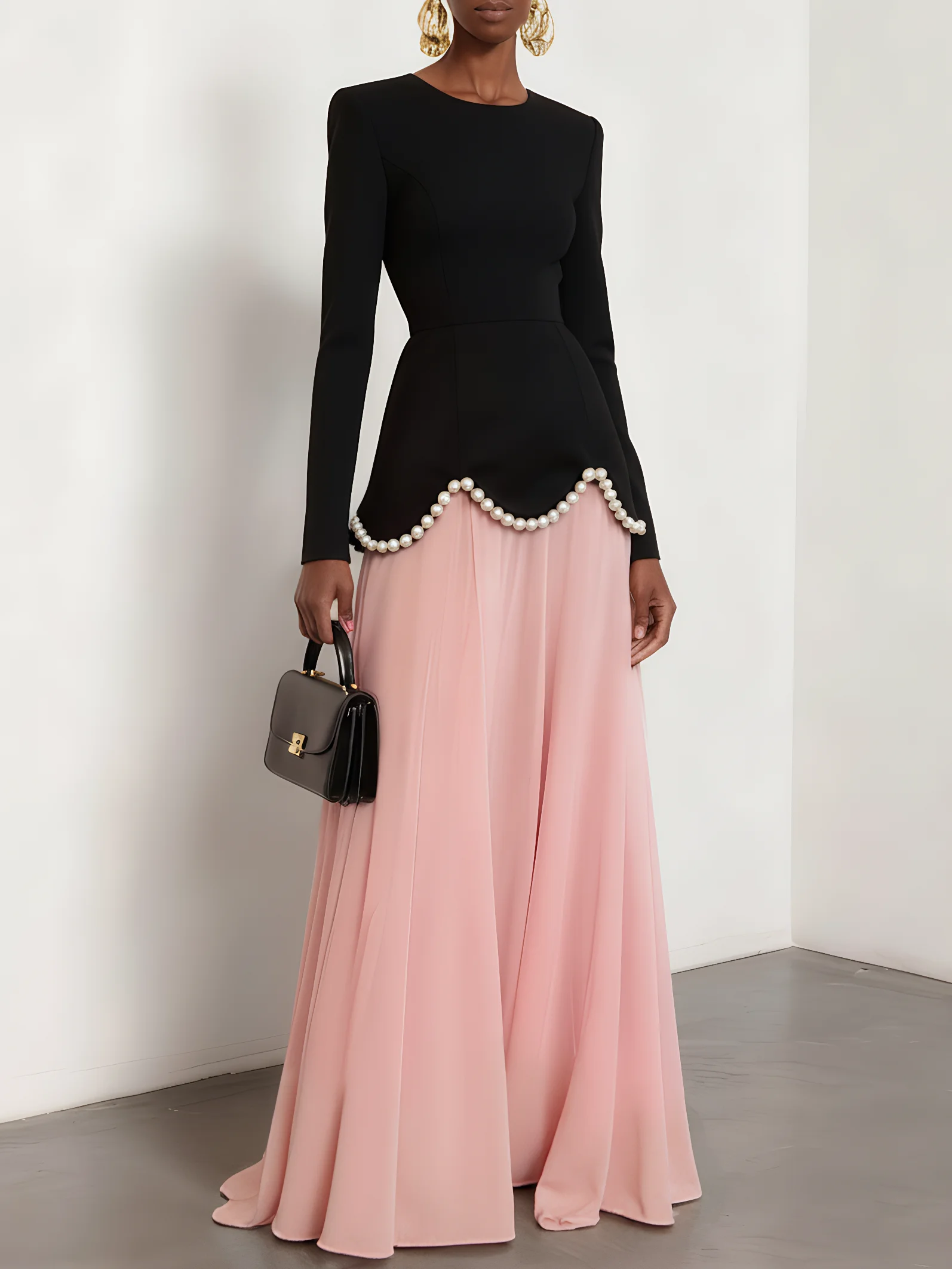 Pink Imitation Pearls Split Joint Peplum Crew Neck Long Sleeve A-Line Gown Dress