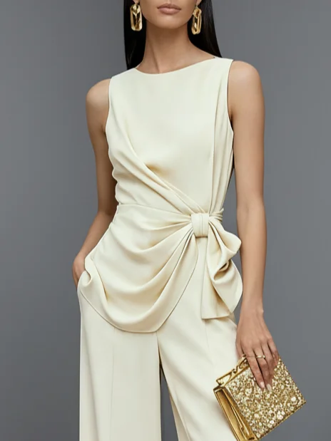 Women Beige Bow Ruched Crew Neck Sleeveless Dressy Jumpsuit