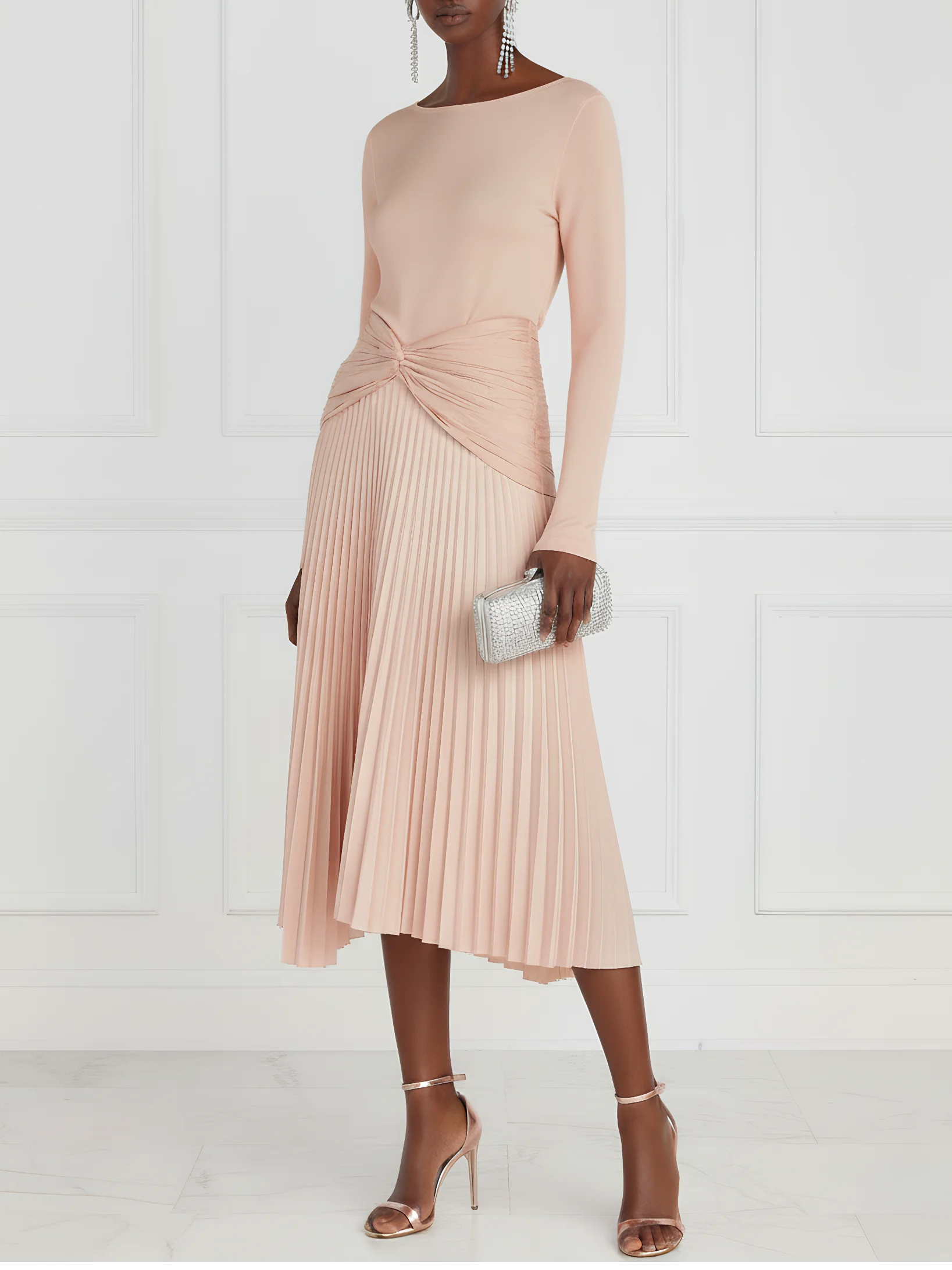 Light Pink Pleated Knot Knit Crew Neck Long Sleeve A-Line Midi Dress